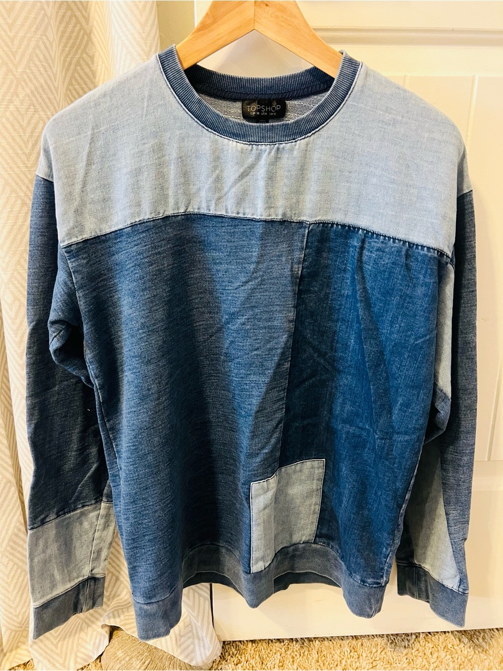 Topshop Patchwork Blue Denim-Style Knit Sweatshirt SMALL